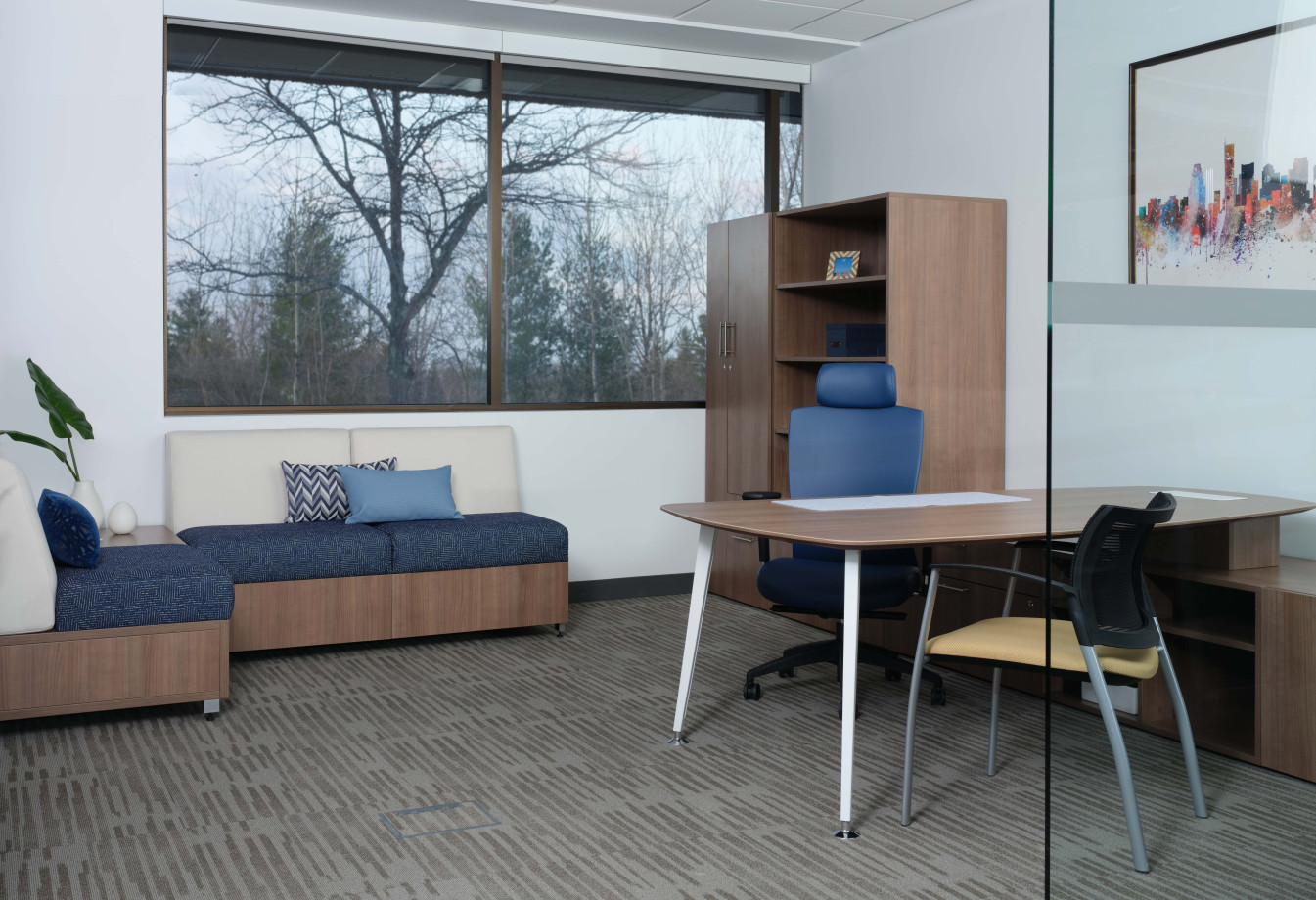 Preview of Calibrate Casegoods with Natick with Headrest Seating and Grafton chair.&nbsp; Also shown with LB Lounge seating.