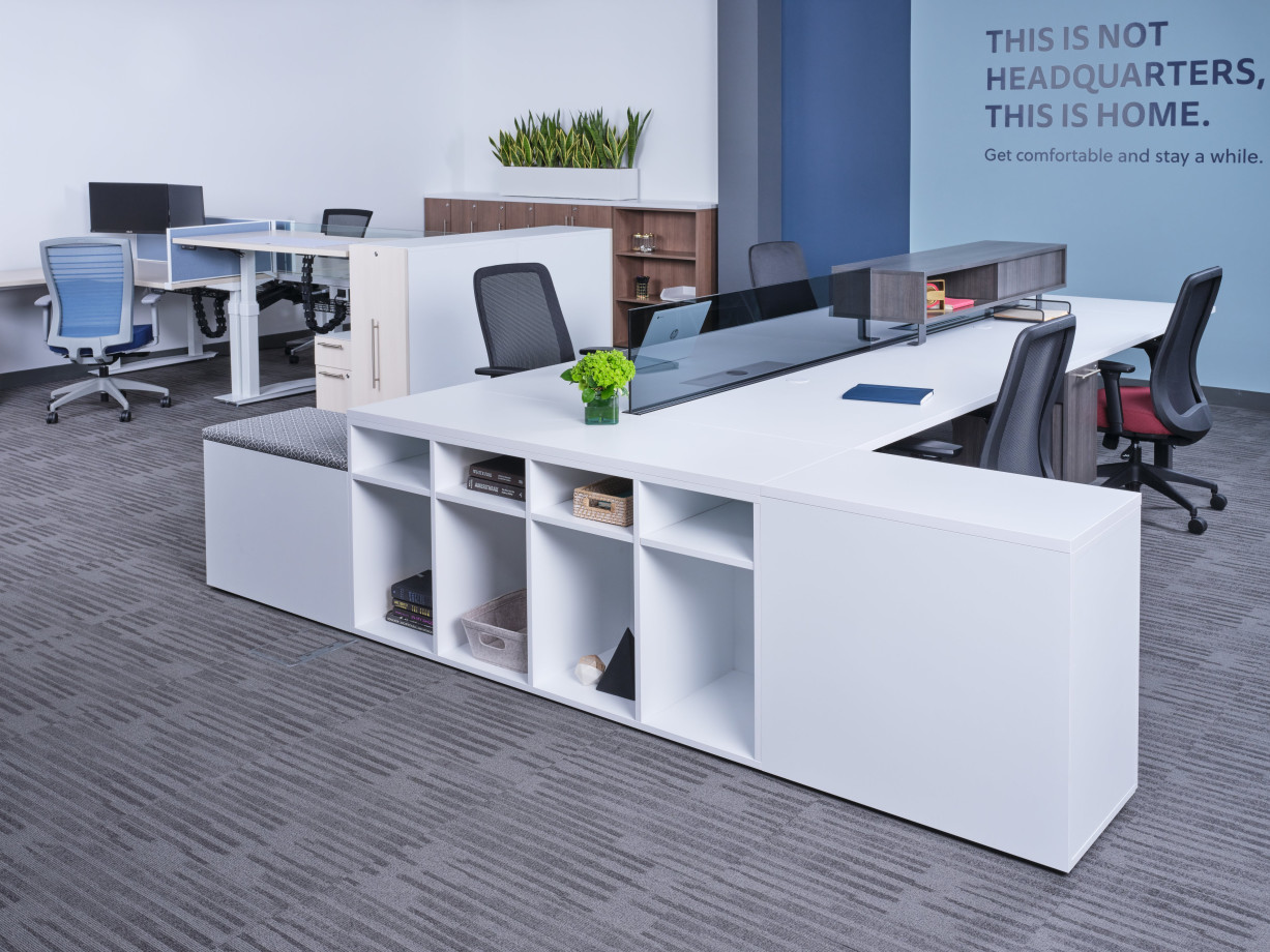 Preview of Oxygen Benching with glass screen and worksurface mounted storage.&nbsp; Shown with Bolton Seating