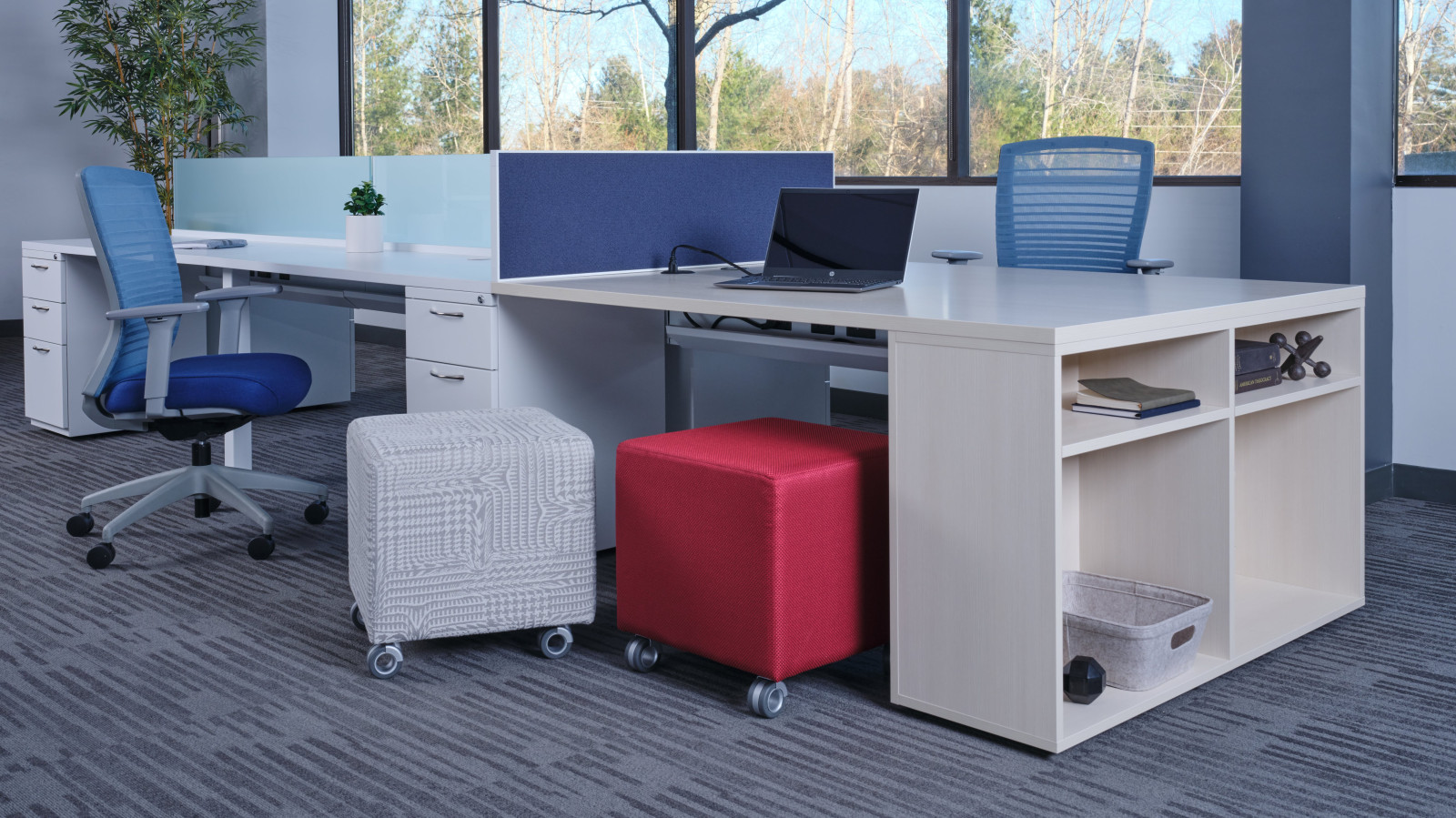 Preview of PowerBeam with L Series Files and Calibrate bookcase support, shown with Natick Seating