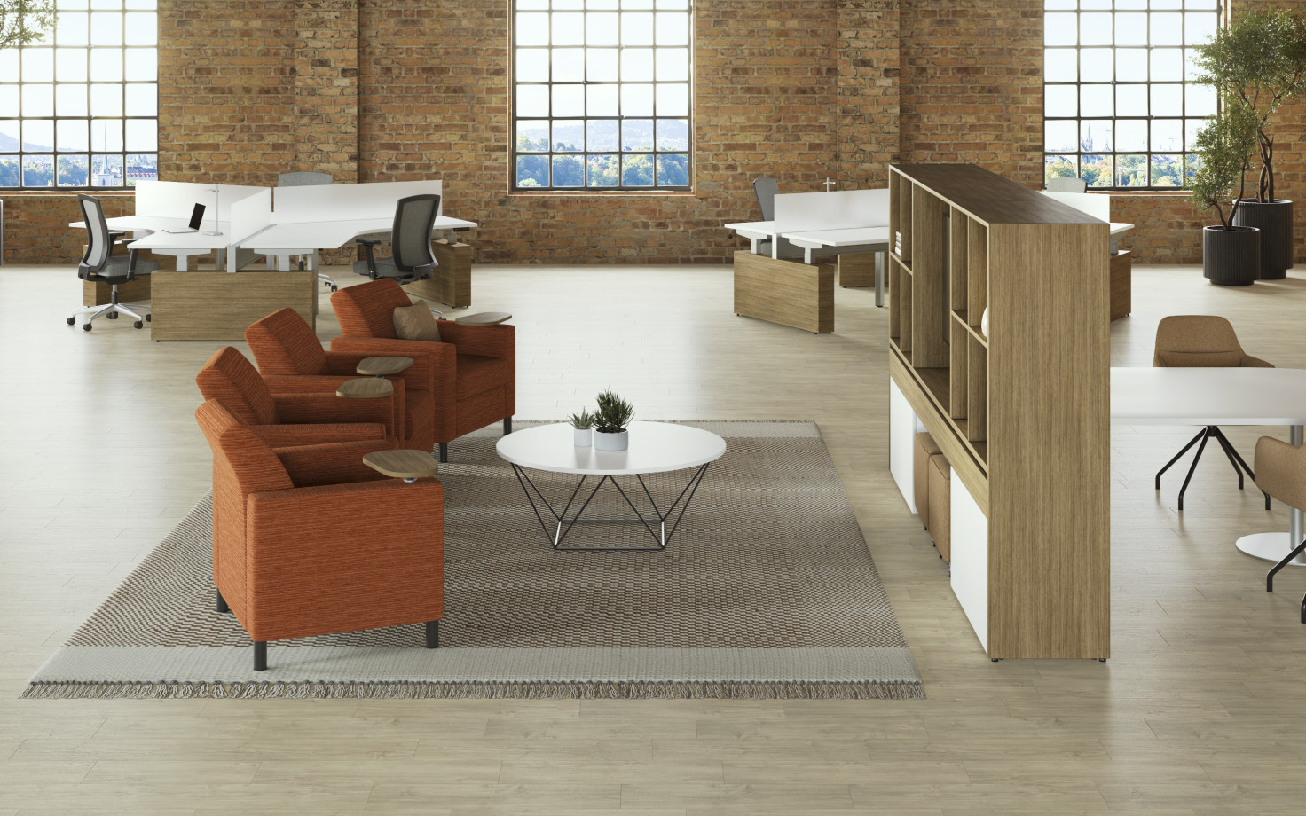 Preview of NV Club Chair with Tables shown with Prisma tables, Encounter laminate base PowerBench and Community Workwall