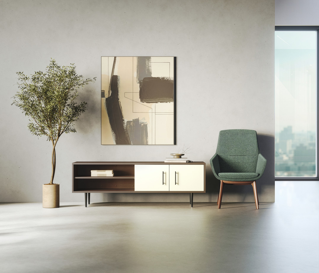 Preview of Rhett Credenza with Doors & Bookcase Shell & Shelf, Ardyn Mid-back, 4-Leg Wood Base
