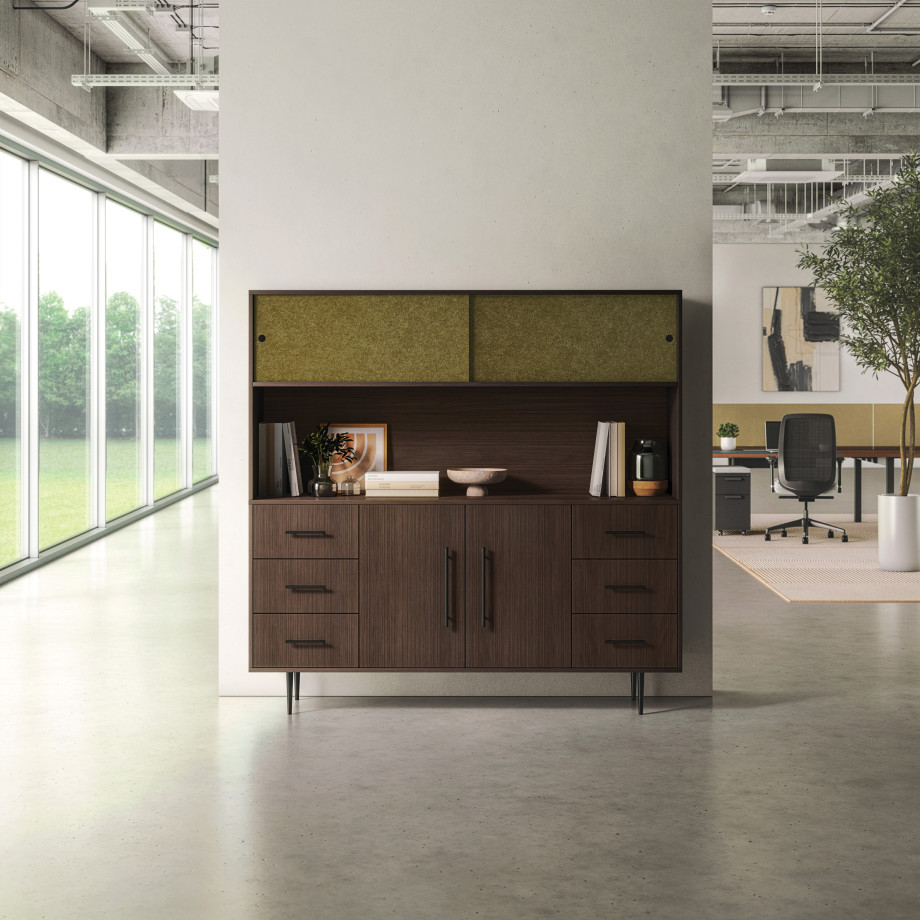 Preview of Rhett Hutch with Sliding Doors paired with Credenza with Drawers & Center Doors, Oxygen, L Series Ped, Bolton