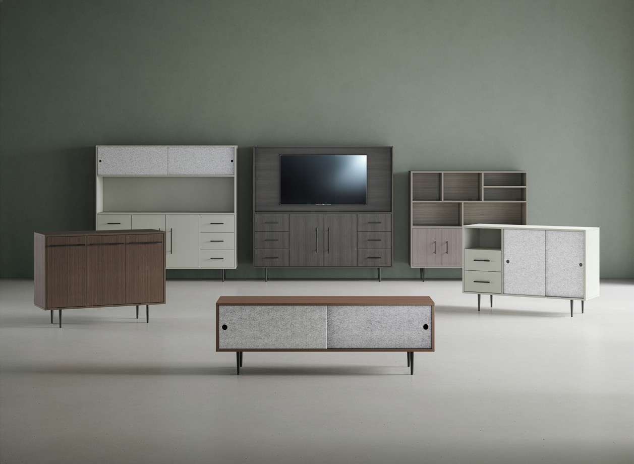Preview of Rhett Family, Credenza, Drawers, Doors, Bookcase, Hutch, Media, Sliding Doors, Trash & Recycle