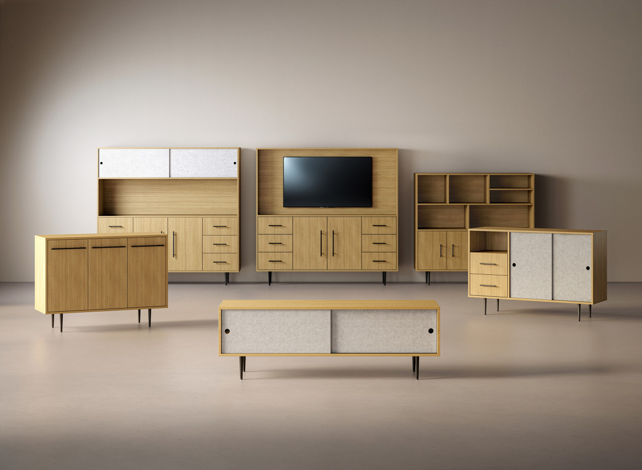 Preview of Rhett Family, Credenza, Drawers, Doors, Bookcase, Hutch, Media, Sliding Doors, Trash & Recycle