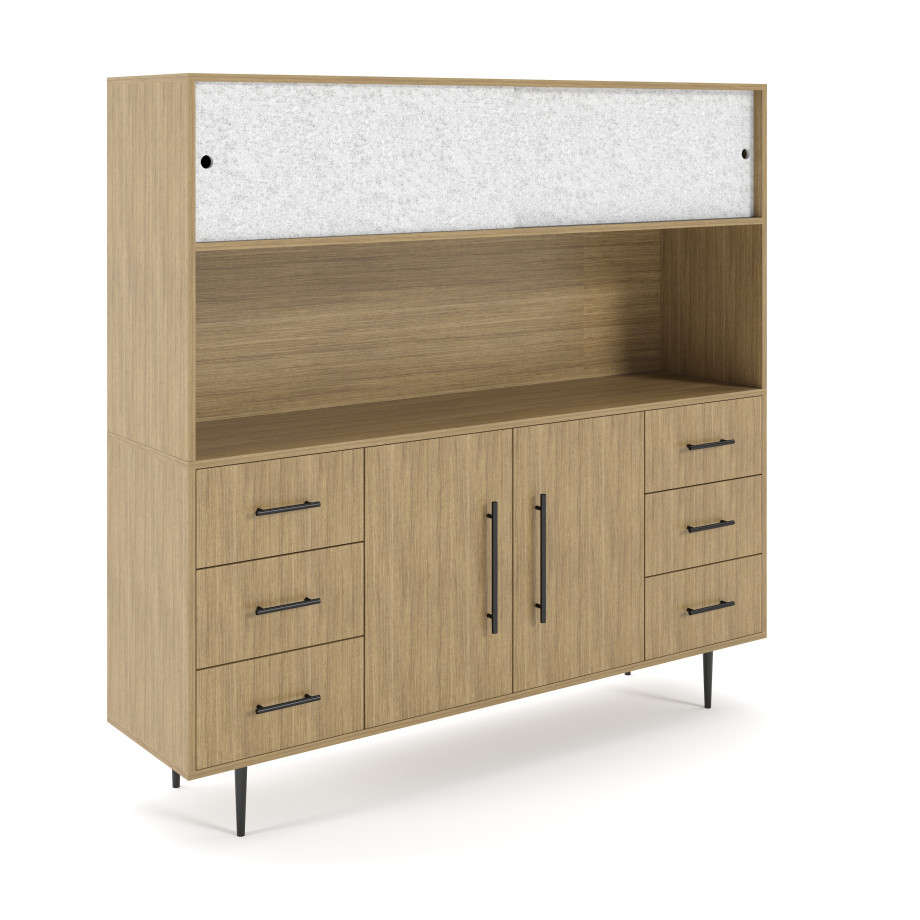 Preview of Rhett, Hutch with Sliding Doors paired with Credenza with Drawers and Center Doors, 36 Inch, 3/4 View
