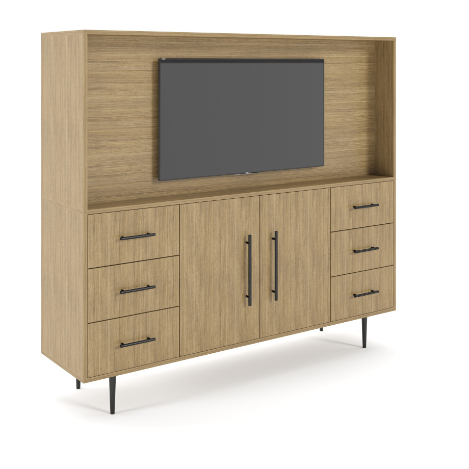 Preview of Rhett, Hutch for Media (PET) paired with Credenza with Doors, 36 Inch, 3/4 View