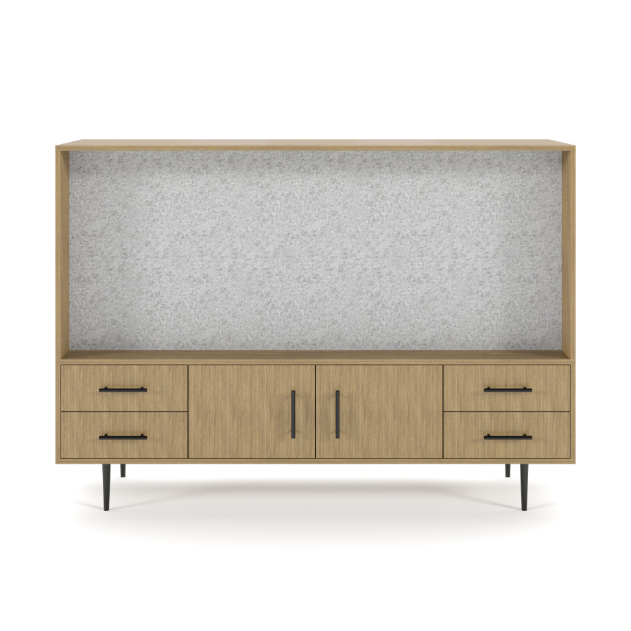Preview of Rhett, Hutch for Media (PET) paired with Credenza with Drawers and Center Doors, 22 Inch, Front View