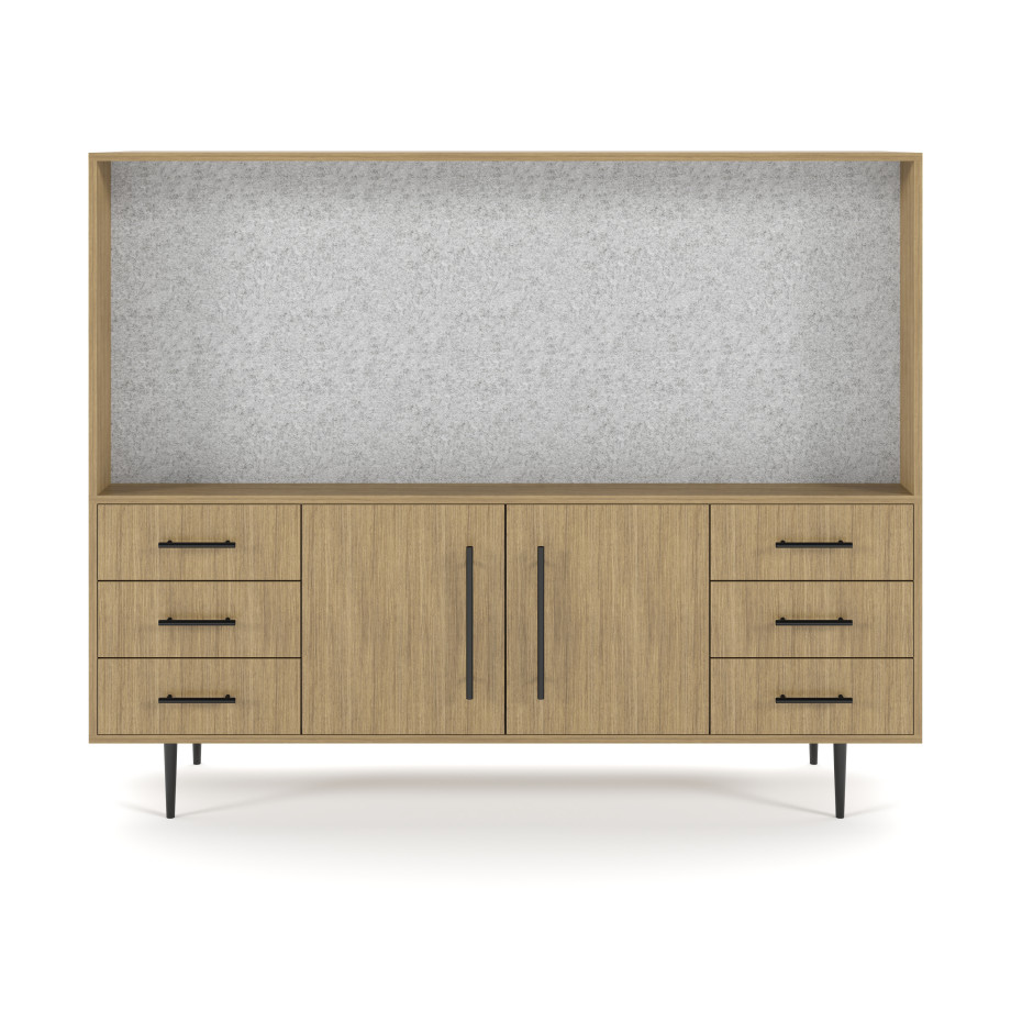 Preview of Rhett, Hutch for Media (PET) paired with Credenza with Drawers and Center Doors, 29 Inch, Front View