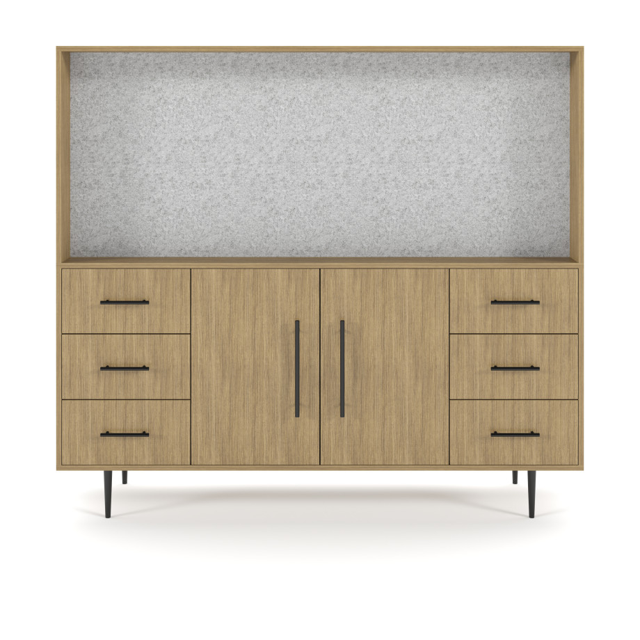 Preview of Rhett, Hutch for Media (PET) paired with Credenza with Drawers and Center Doors, 36 Inch, Front View