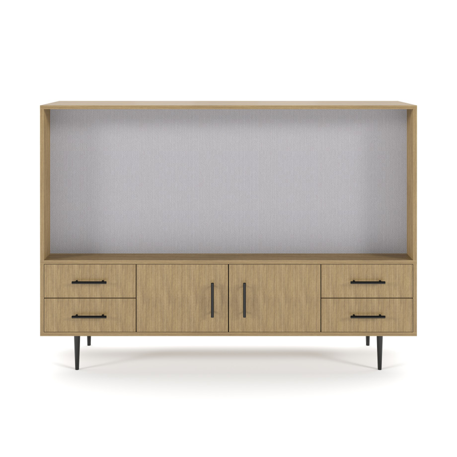 Preview of Rhett, Hutch for Media (Tackboard) paired with Credenza with Drawers and Center Doors, 22 Inch, Front View