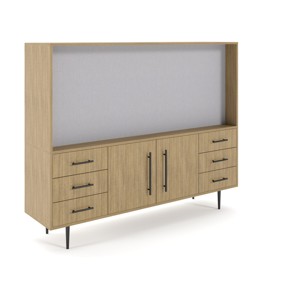 Preview of Rhett, Hutch for Media (Tackboard) paired with Credenza with Drawers and Center Doors, 29 Inch, 3/4 View