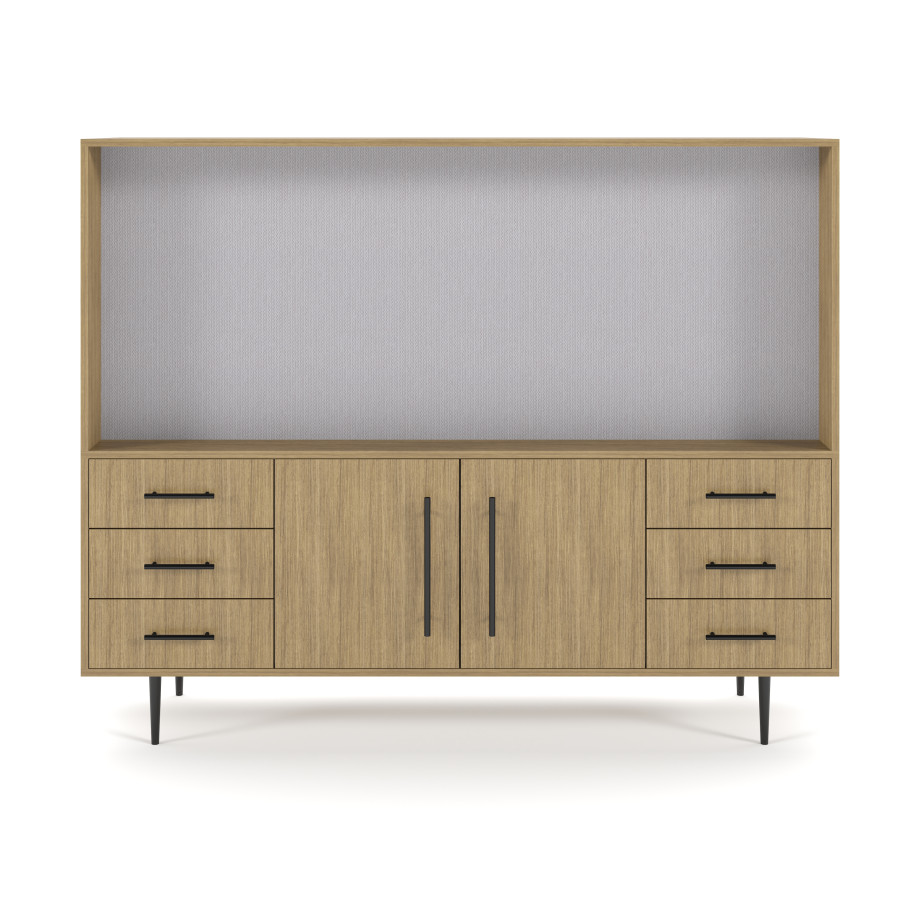 Preview of Rhett, Hutch for Media (Tackboard) paired with Credenza with Drawers and Center Doors, 29 Inch, Front View