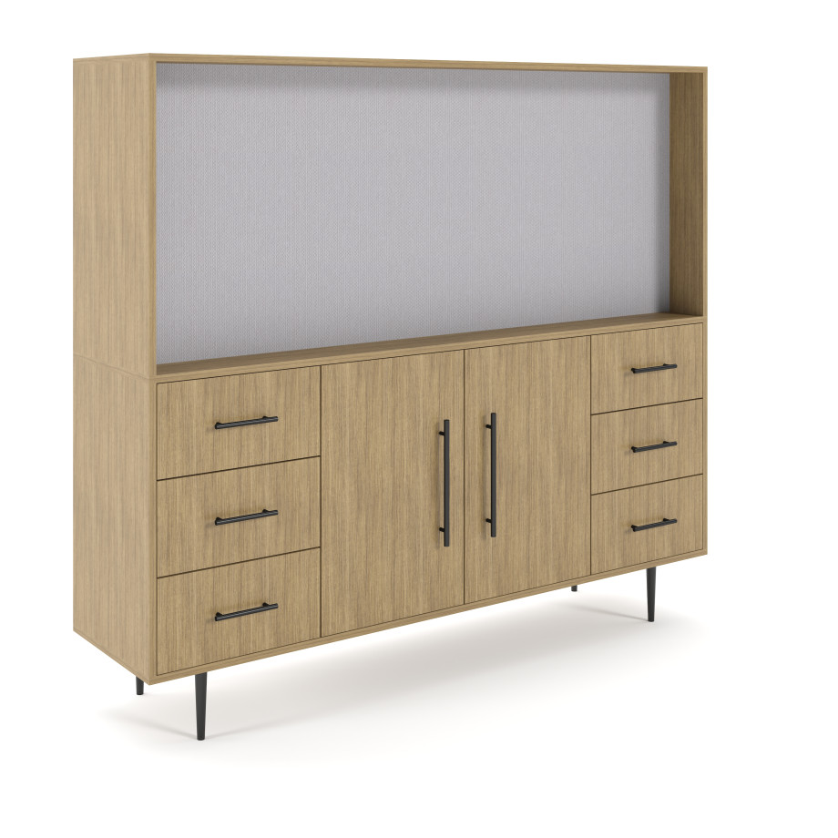 Preview of Rhett, Hutch for Media (Tackboard) paired with Credenza with Drawers and Center Doors, 36 Inch, 3/4 View