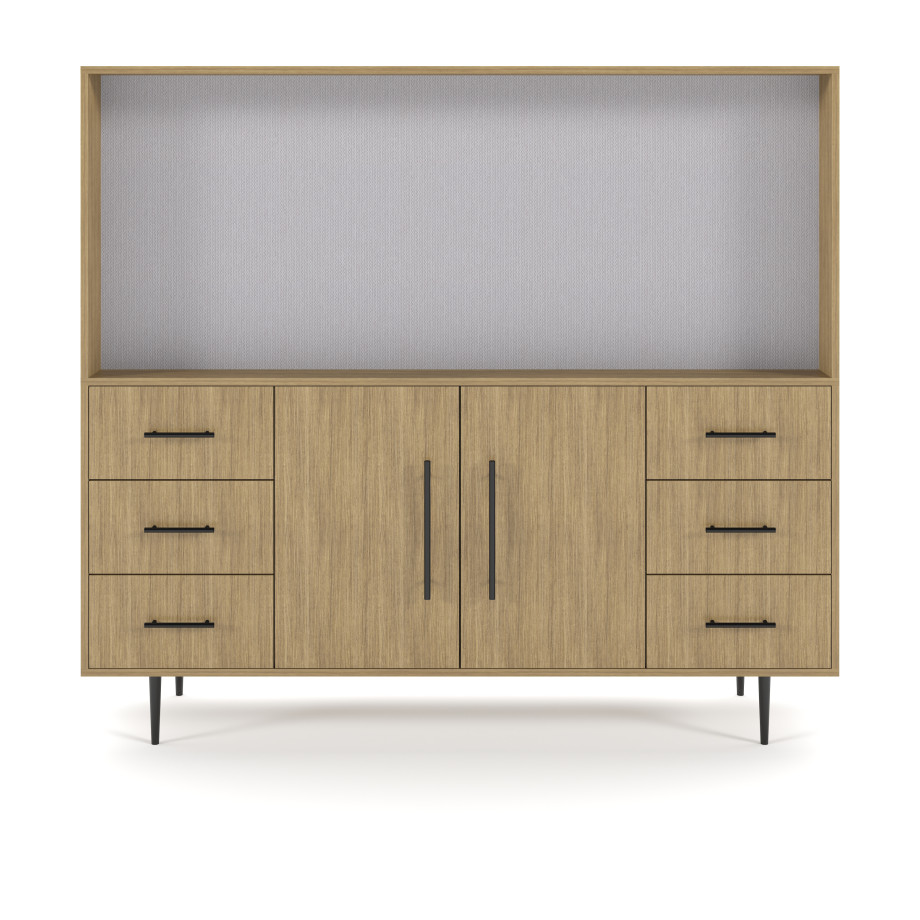 Preview of Rhett, Hutch for Media (Tackboard) paired with Credenza with Drawers and Center Doors, 36 Inch, Front View