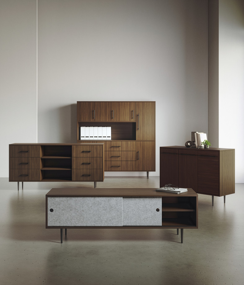 Preview of Rhett Family, Credenza, Drawers, Doors, Bookcase, Hutch, Sliding Doors, Trash & Recycle
