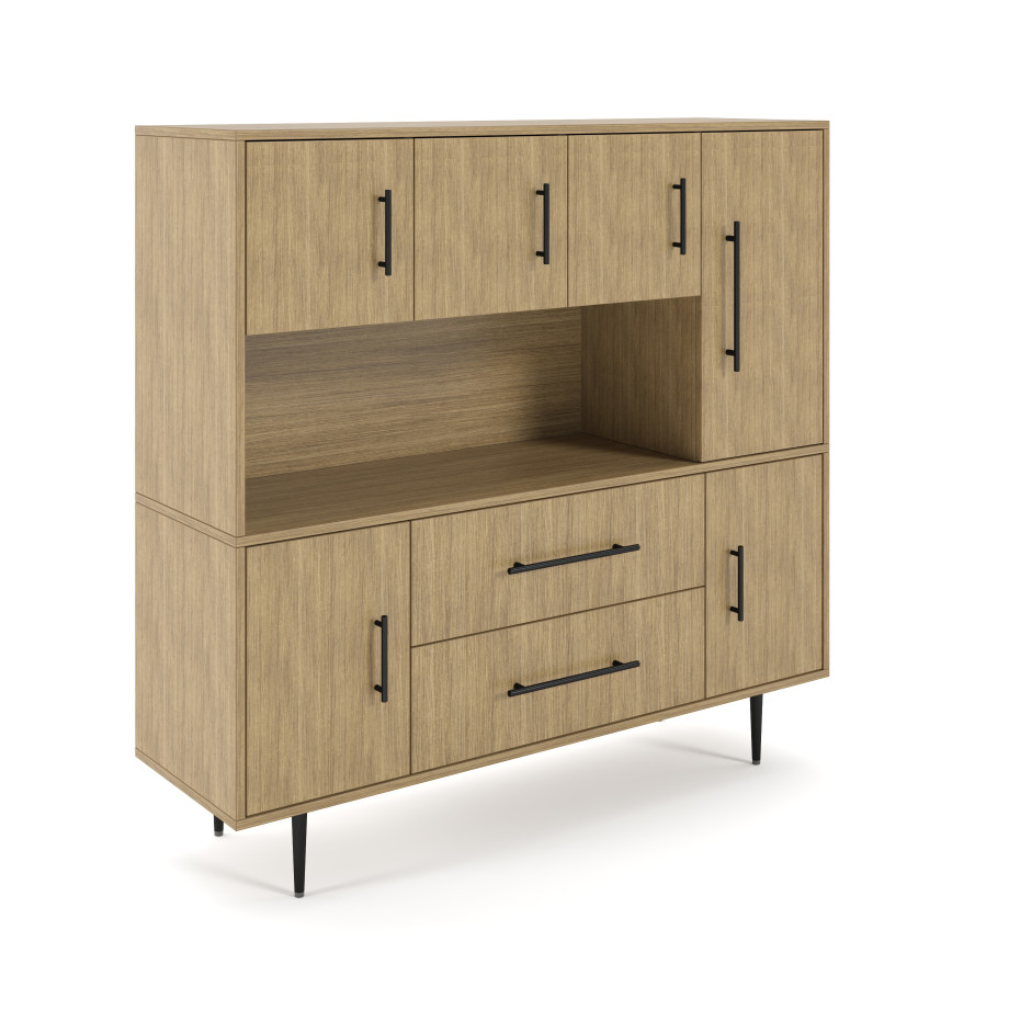 Preview of Rhett, Hutch with Doors paired with Credenza with Doors and Center Drawers, 29 Inch, 3/4 View