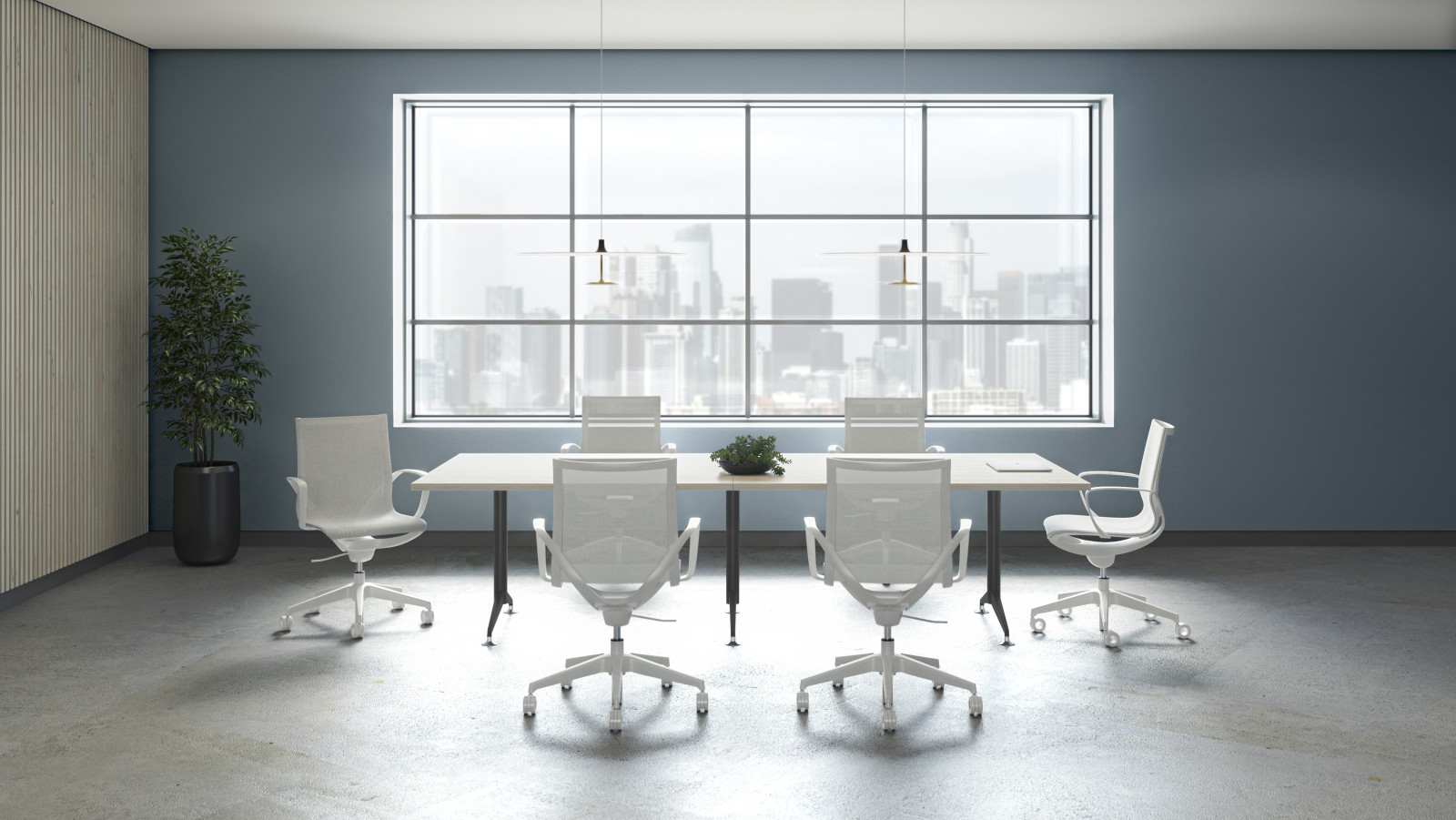 Preview of Roya white mesh and white frame with Day-to-Day meeting table