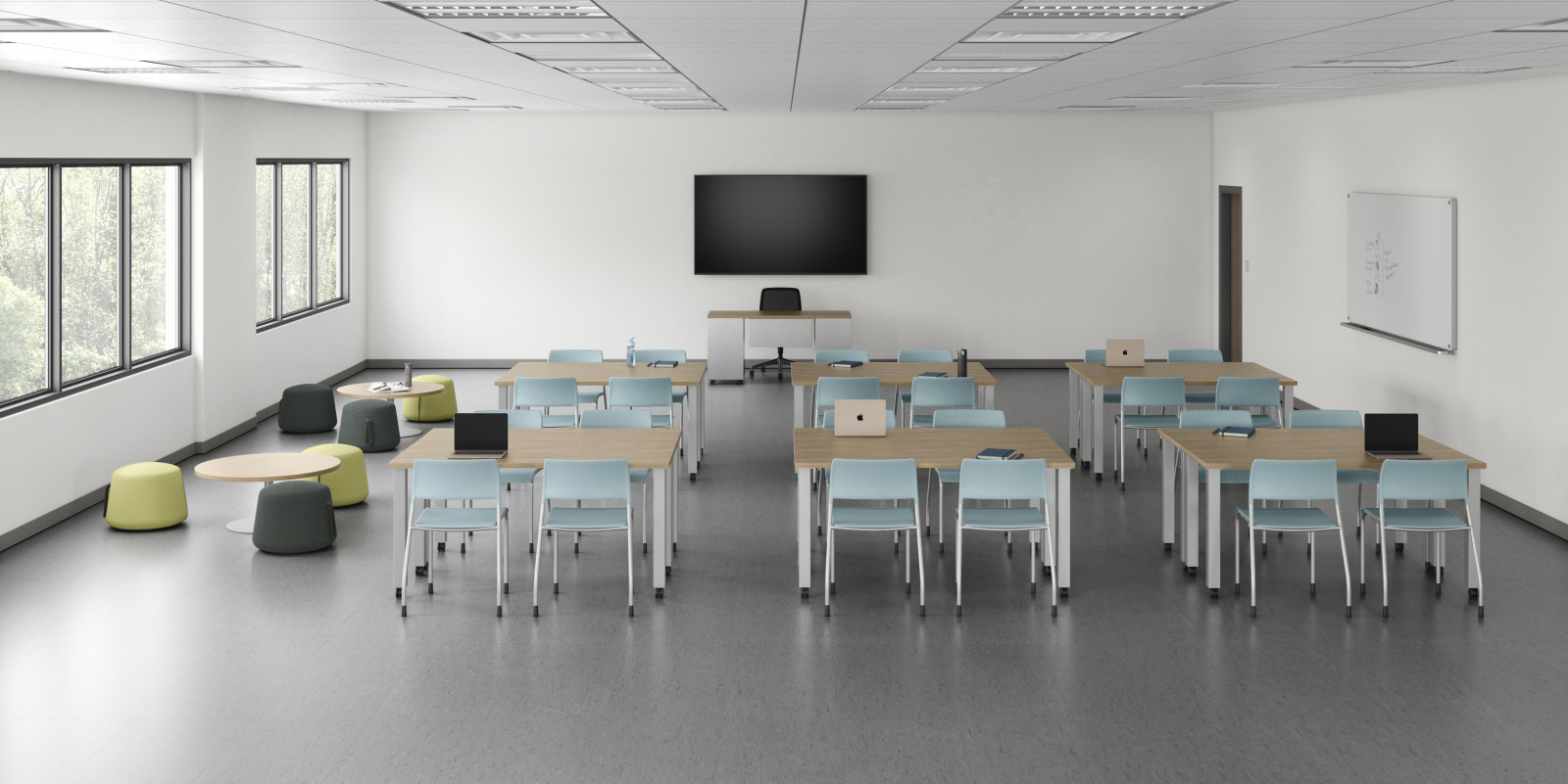 Preview of Classroom, version 3 featuring Day-to-Day tables, Pierce seating and Soft ottomans around Day-to-Day occasional tables