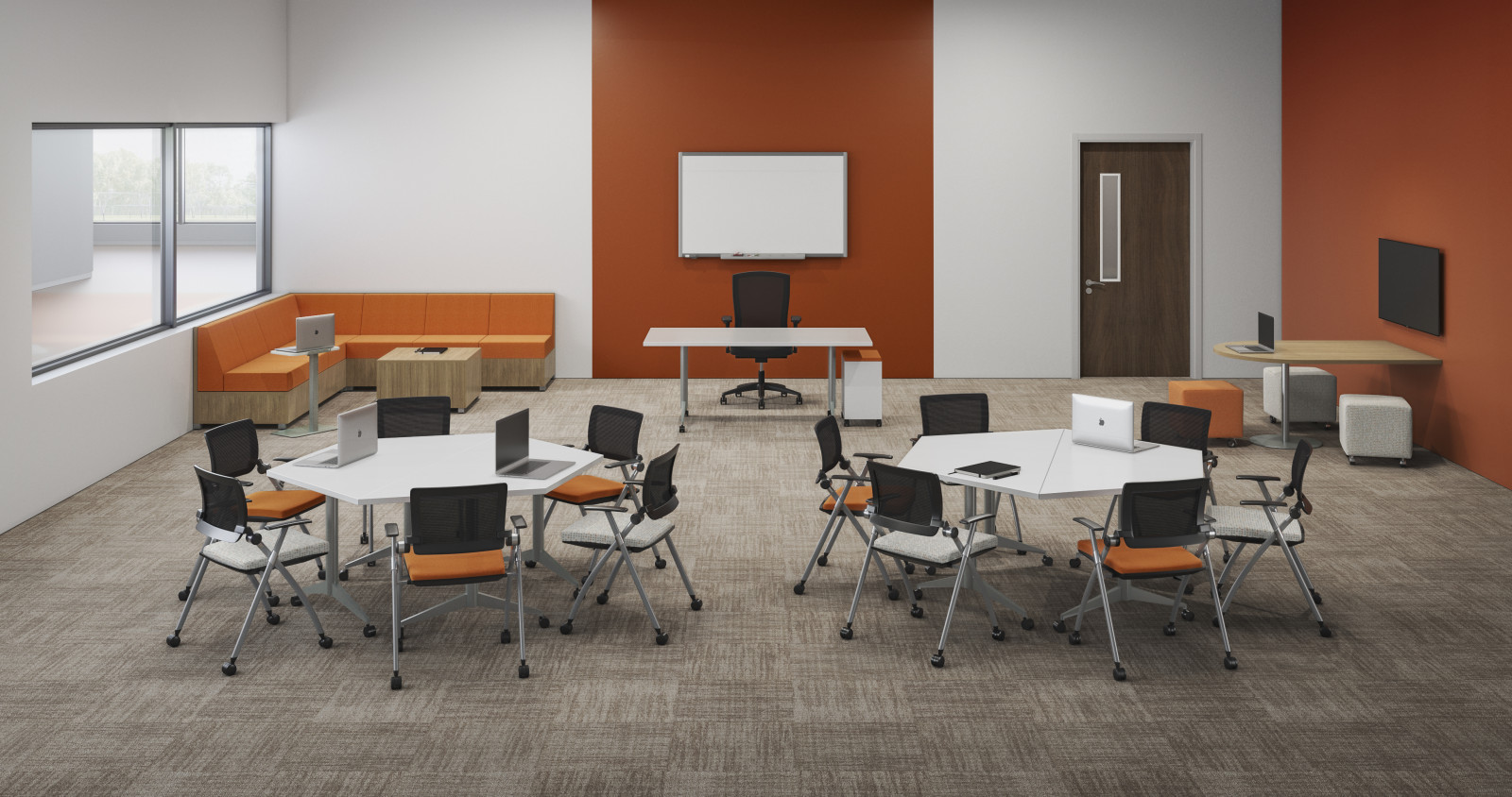 Preview of Interactive Classroom featuring Day-to-Day tables, LB Lounge, Stow nesting chairs and Volker and Natick seating