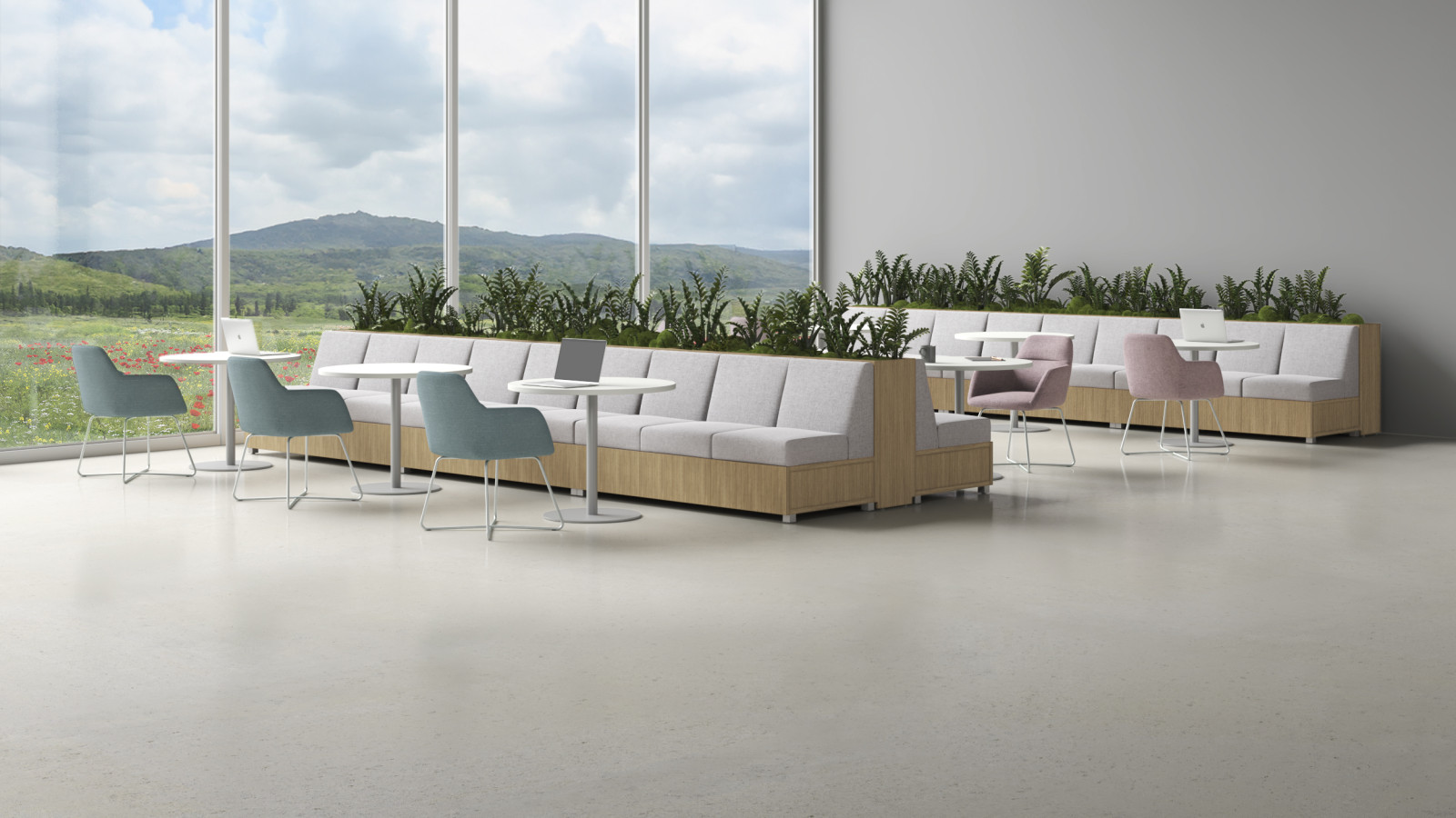Preview of LB Lounge and Calibrate Dry Planters with Juggle seating and Day-to-Day disc base tables