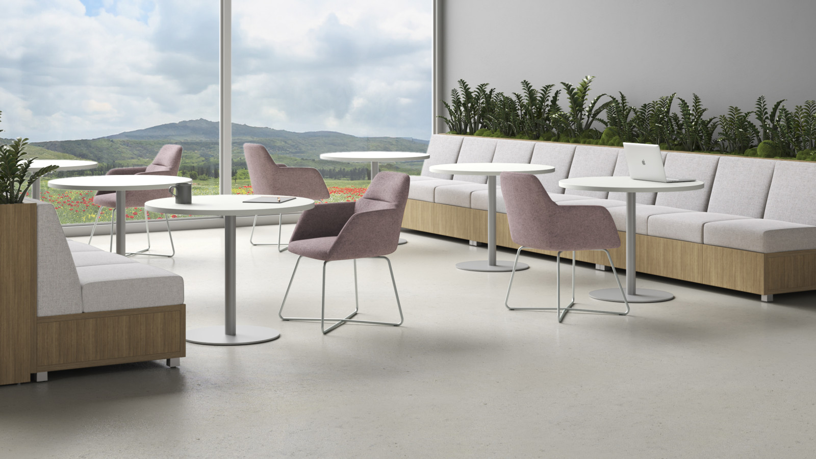 Preview of Day-to-Day Round Tables with Disc Base in Cafe Setting.&nbsp; Shown with Juggle and LB Lounge.