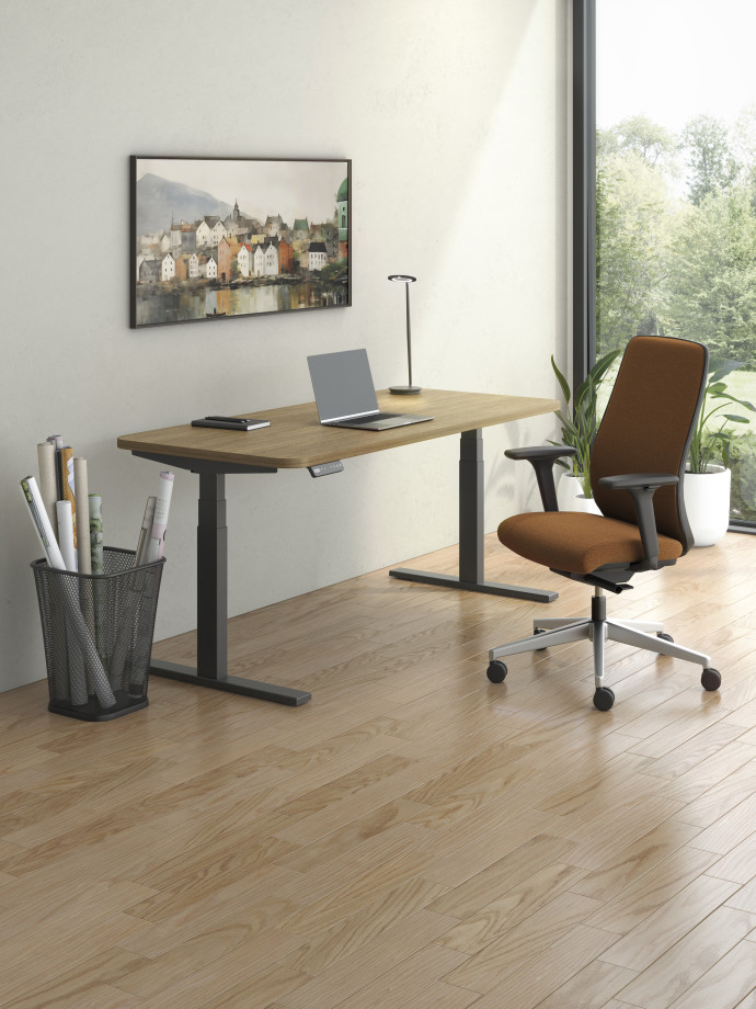 Preview of Day-to-Day Height Adjustable Table with Radius Corner.&nbsp; Shown with Natick seating.