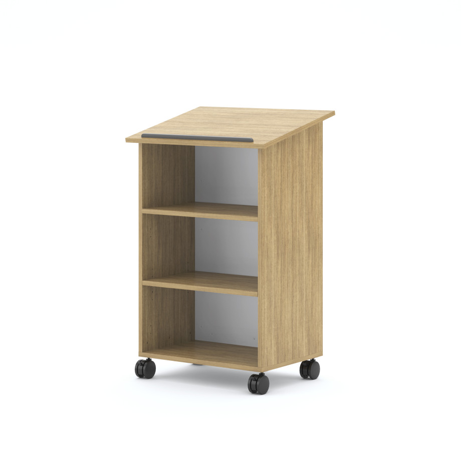 Preview of Calibrate Mobile Lectern, back, with open shelves, 3/4 view