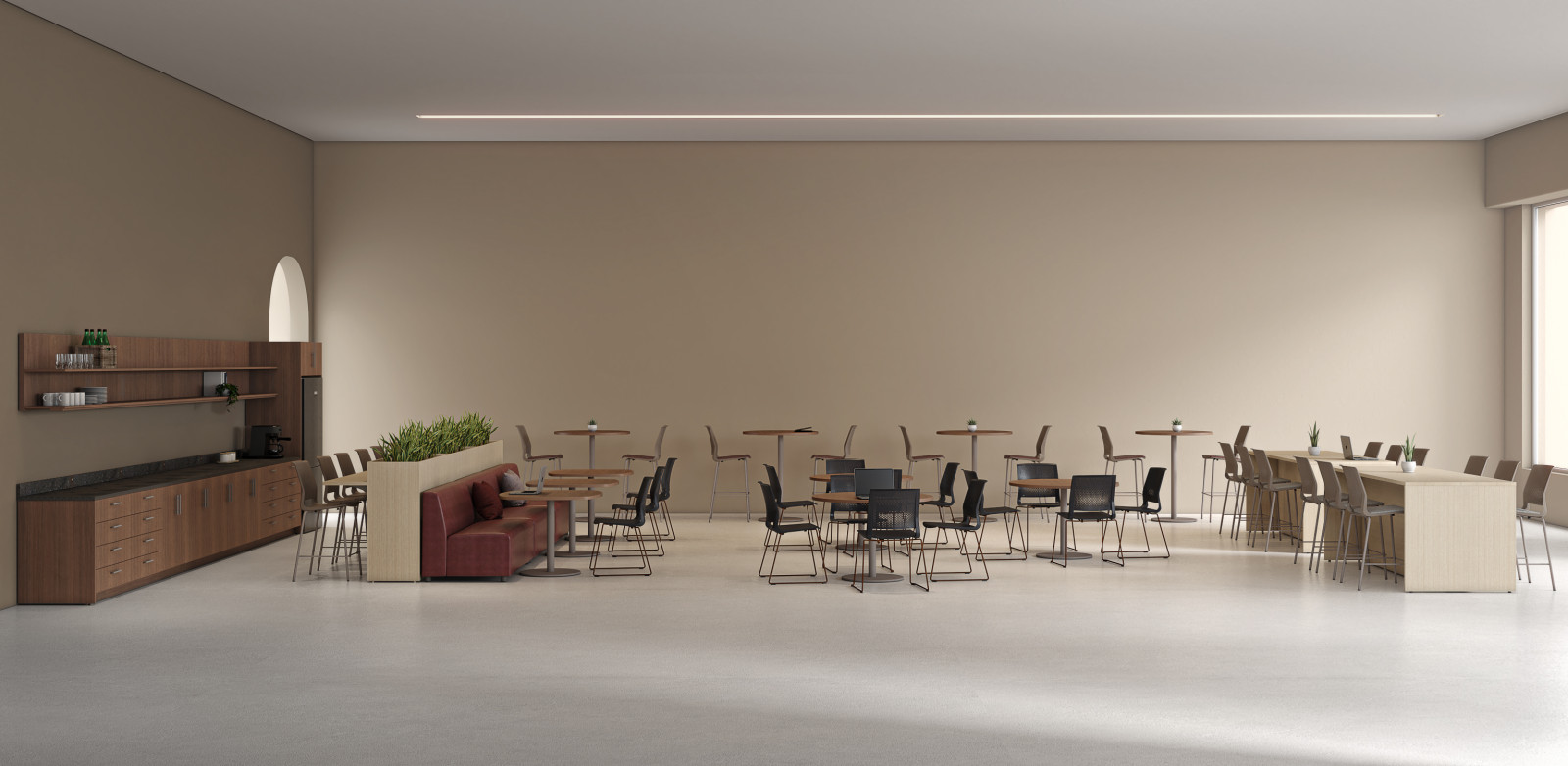 Preview of Café, AIS CaseWorks, Quarry Side Chairs, Bar Stools, Counter Stools, Calibrate Dry Planters, Hakr Sofa, Banquette, Day-to-Day Café Tables​
