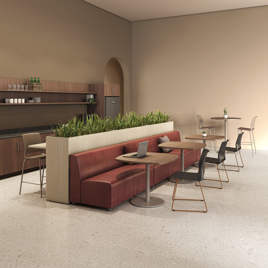Preview of Café, AIS CaseWorks, Quarry Side Chairs, Bar Stools, Counter Stools, Calibrate Dry Planters, Hakr Sofa, Banquette, Day-to-Day Café Tables​