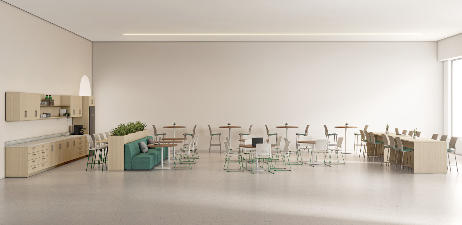 Preview of Café, AIS CaseWorks, Quarry Side Chairs, Bar Stools, Counter Stools, Calibrate Dry Planters, Hakr Sofa, Banquette, Day-to-Day Café Tables​