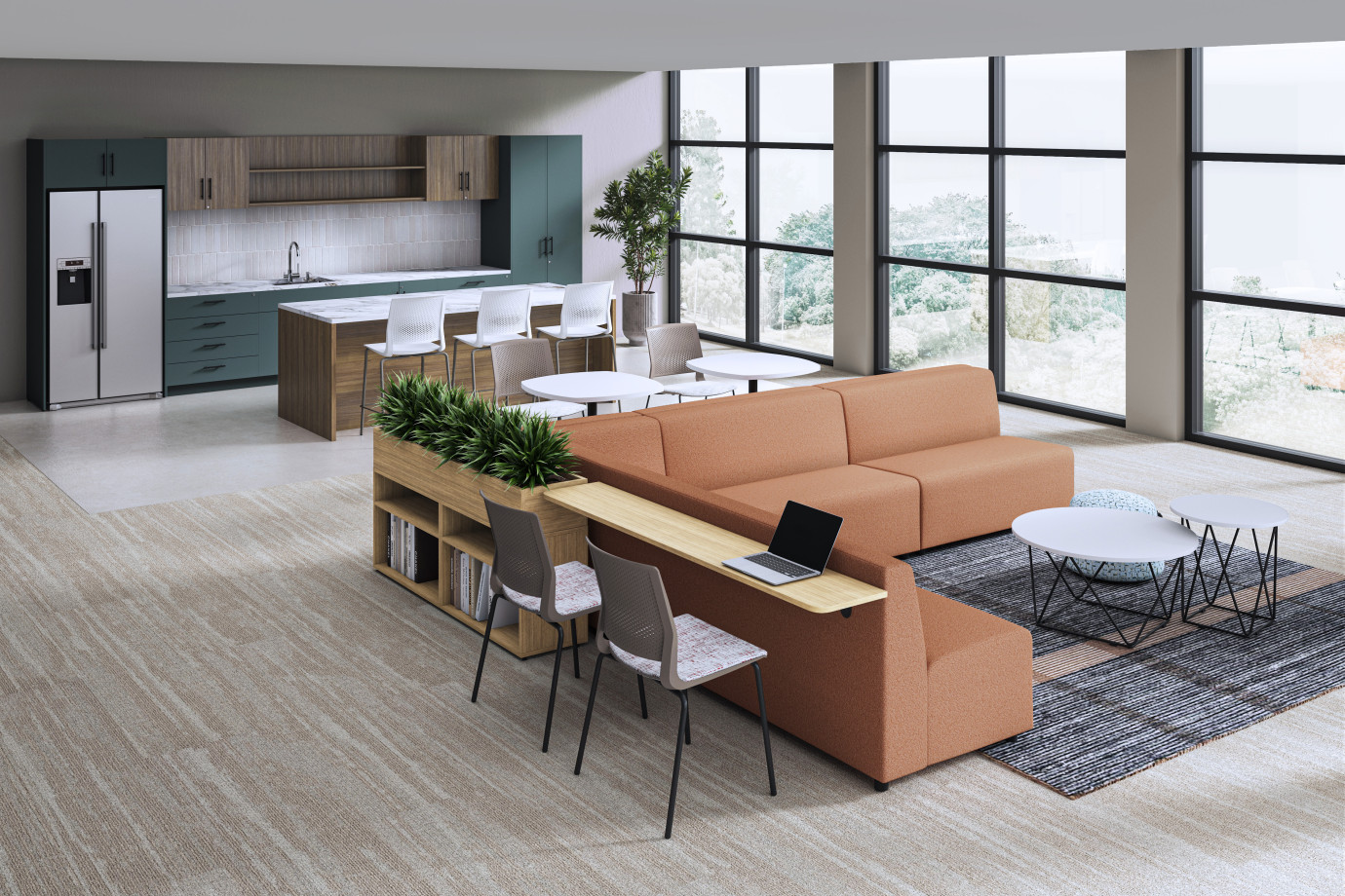 Preview of Lounge & Café, Hakr sectional sofa, Prisma Occasional Tables, Soft Ottoman, Quarry Side Chair, Calibrate Dry Planter, AIS CaseWorks, Quarry Counter Stool​