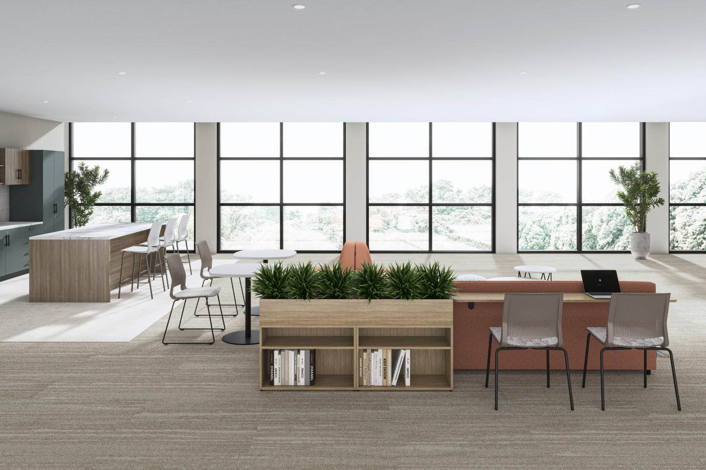 Preview of Lounge & Café, Hakr sectional sofa, Prisma Occasional Tables, Soft Ottoman, Quarry Side Chair, Calibrate Dry Planter, AIS CaseWorks, Quarry Counter Stool​