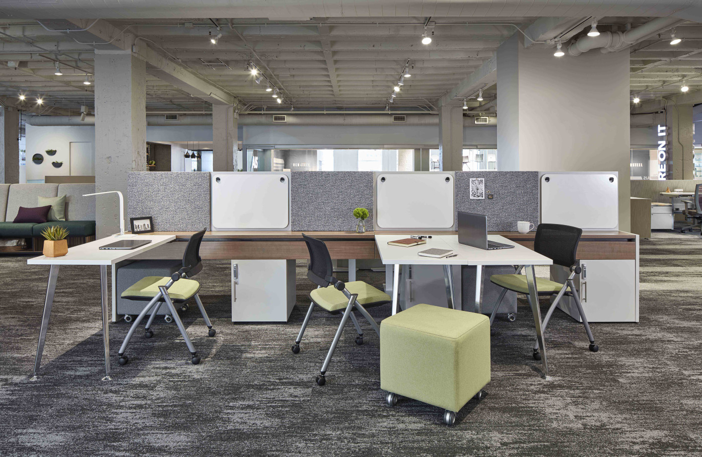Preview of Calibrate Community with Worksurfaces pushed together via the glide system for impromptu meetings