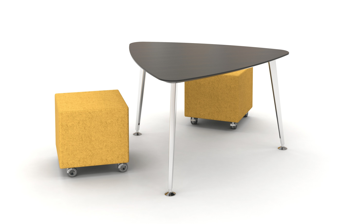 Preview of Day to Day Triangle Top Table with Knife Edge and Tapered Legs in Polish Aluminum, shown with Volker Cubes