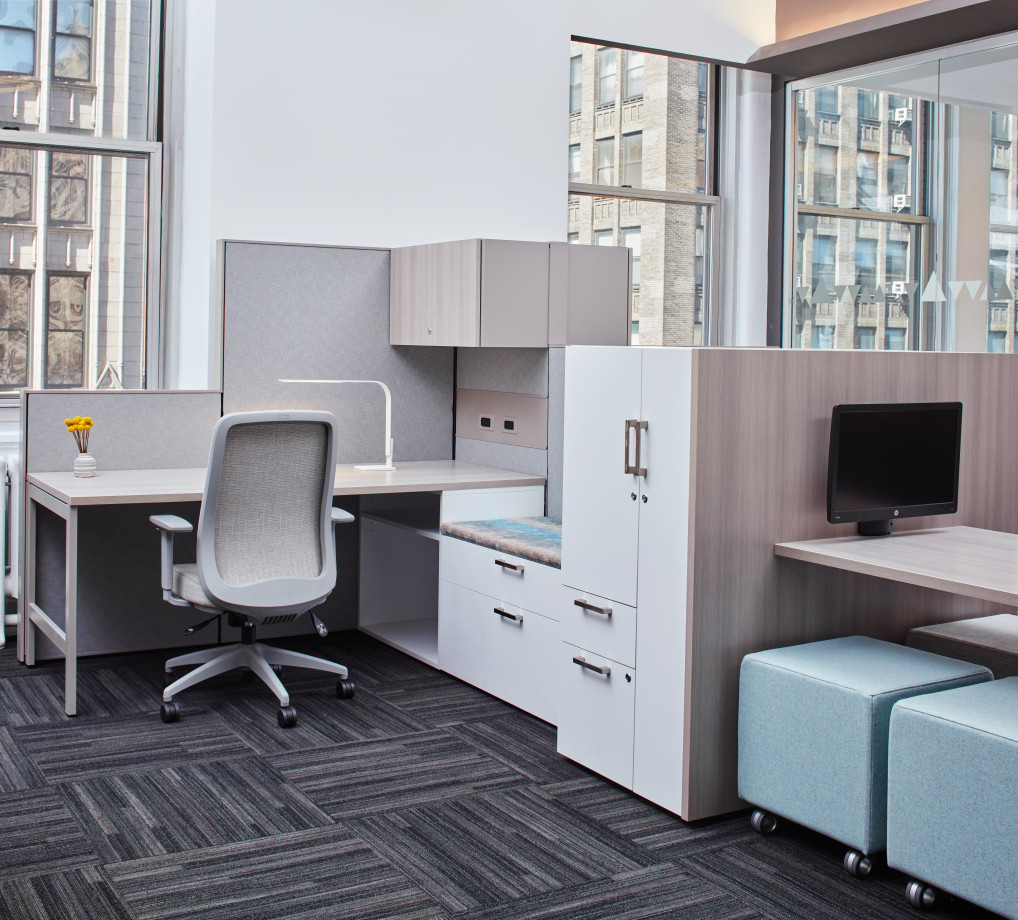 Preview of Matrix open plan panel system workstation with Calibrate Storage and Volker Cubes in the NYC Showroom
