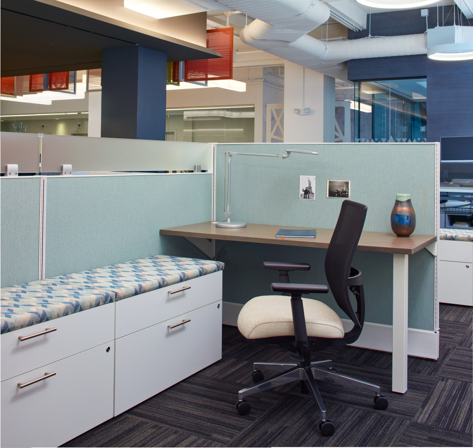 Preview of Divi Open Plan Panel System with Upmount Frosted Glass screen Calibrate Storage and Devens Task Seating