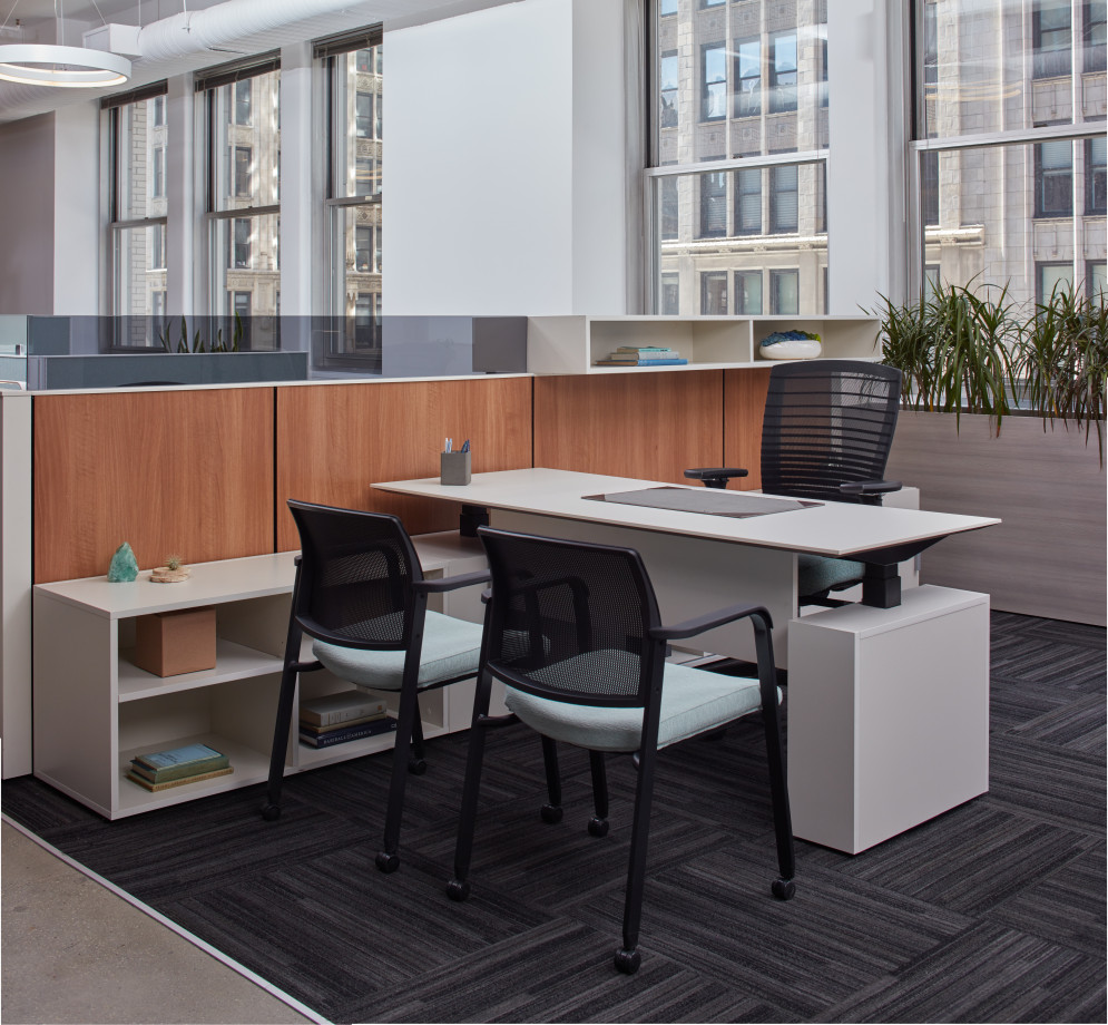 Preview of Height Adjustable Desk with Natick Task Seating, Paxton Side Seating against Matrix Laminate Panels