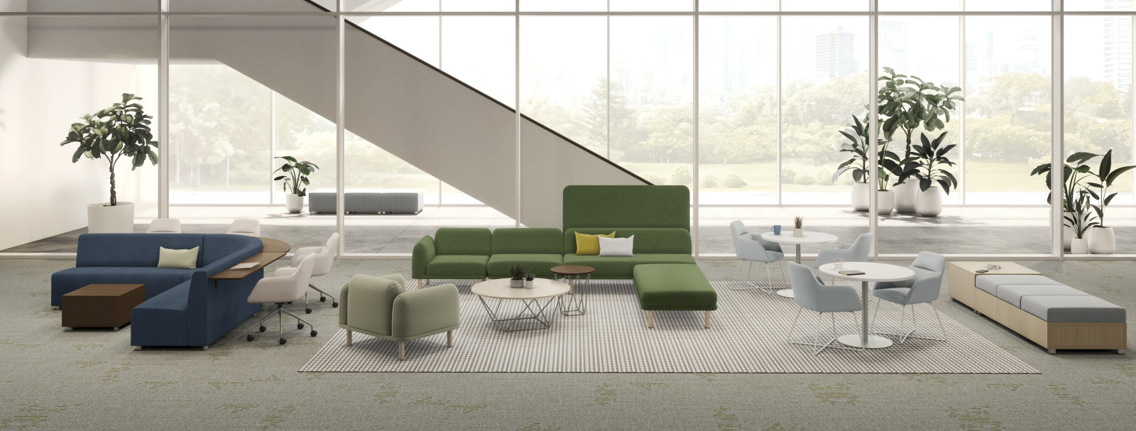 Preview of Lounge Collection with Hakr Ledge with Juggle and Table, Soft Modular with Privacy Back Panel and Club with Prisma, Juggle with Day-to-Day tables and LB Backless Lounge and Powered Table