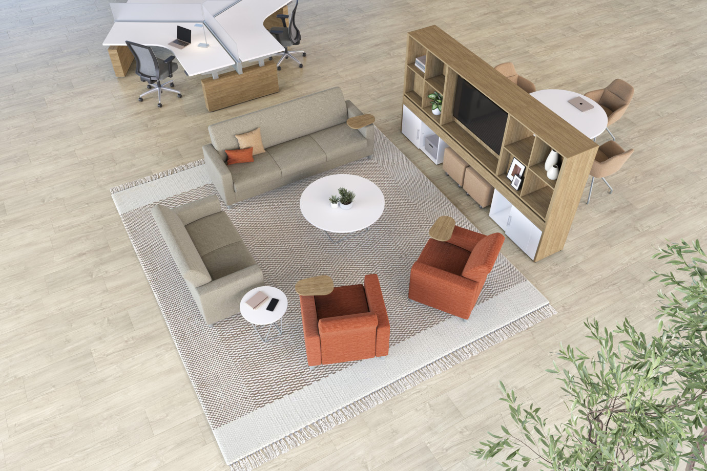 Preview of NV Lounge Seating with Community Workwall and Day-to-Day Collaborative Table with Juggle.&nbsp; Encounter PowerBench also shown.