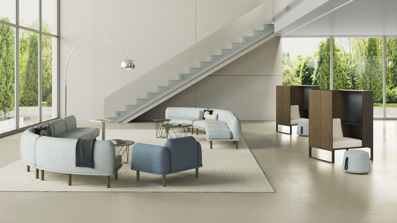 Preview of Soft Modular Lounge with Laptop Table, Prisma Tables and Soft Club.&nbsp; Shown with Chatham Cove with Soft Ottomans.