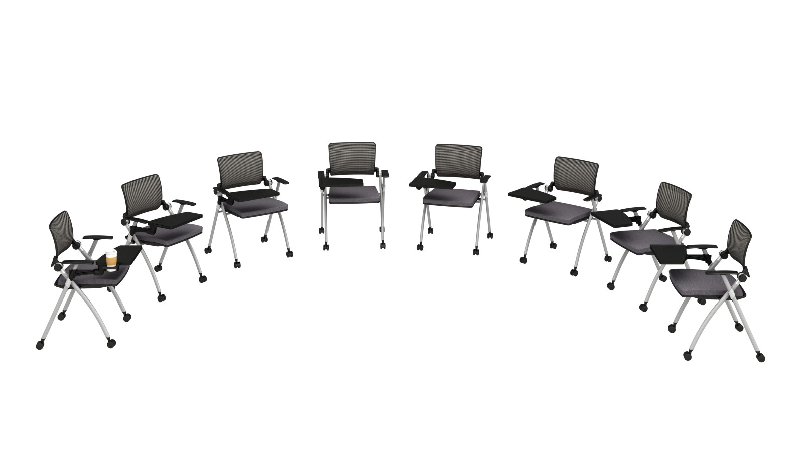 Preview of Stow Multipurpose Seating with Tablets up and Casters, optional cupholder shown on far left