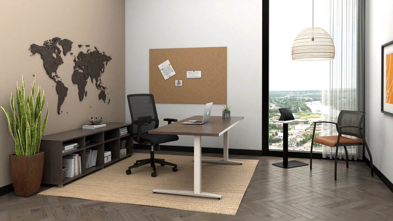 Preview of Day-to-Day C Leg Table with Essex Task and Grafton Side Seating, shown with Calibrate Bookcase