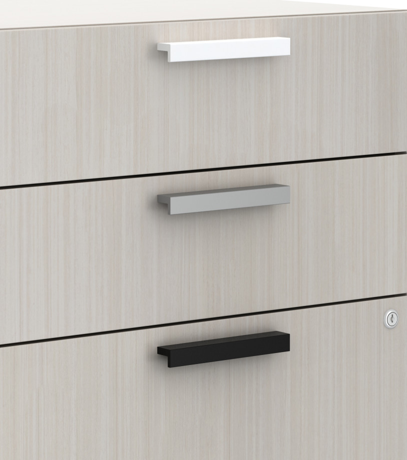 Preview of L Pull Color Options: Satin White, Metallic Silver and Black