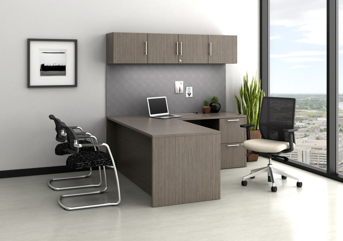 Preview of Calibrate Casegoods with Overhead Storage, Tackboard and Desk, shown with Devens Task and Side Seating