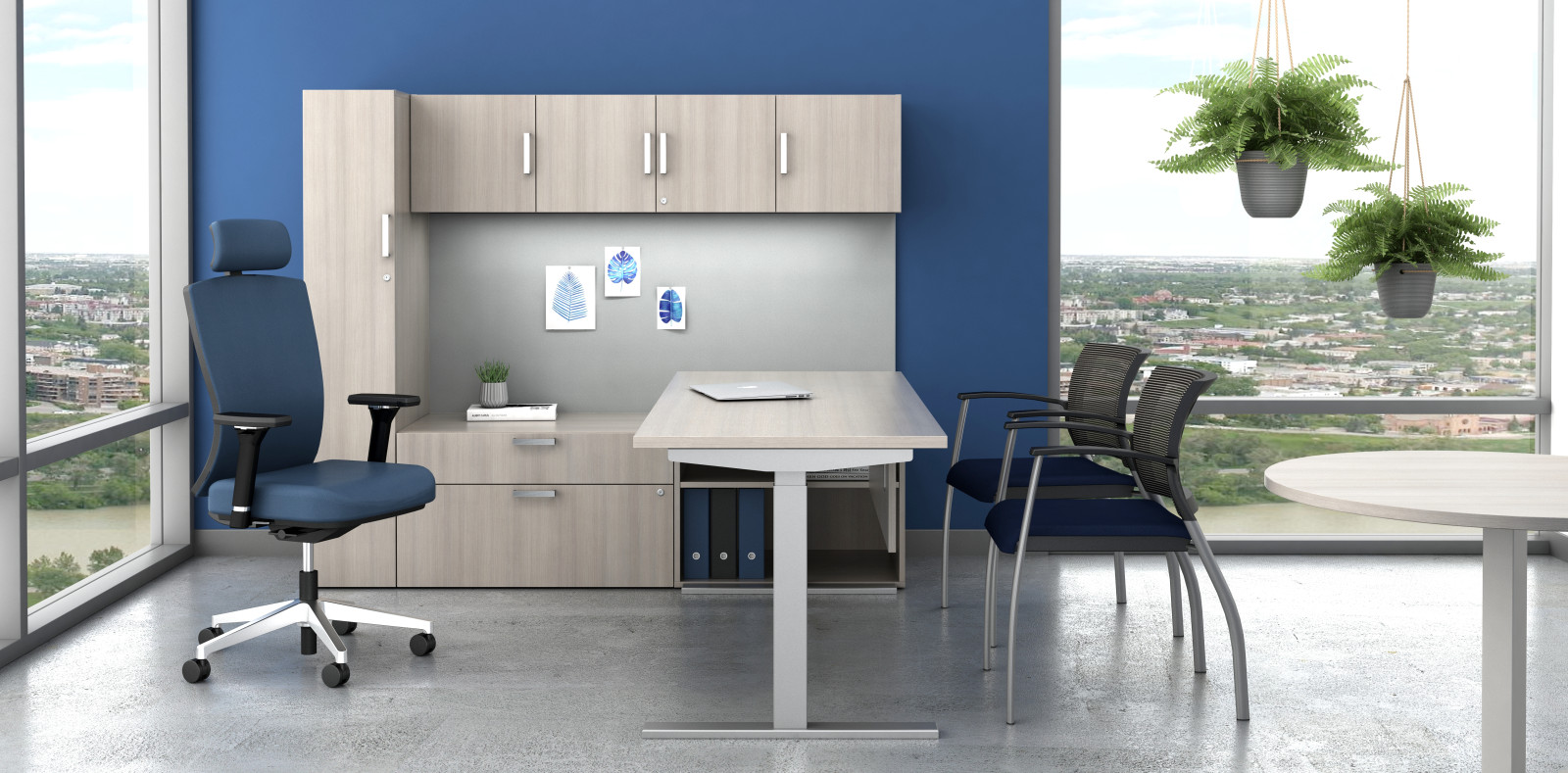 Preview of Calibrate Casegoods with E Series Height Adjustable Table, Natick Executive and Grafton Side Seating