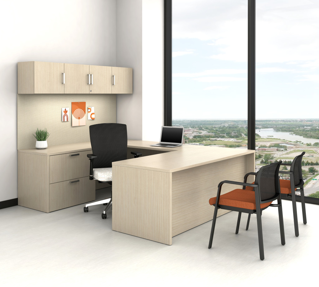 Preview of Calibrate Casegoods with Overhead Storage and Wrap Around Desk; Shown with Natick Task and Paxton Guest Sesting