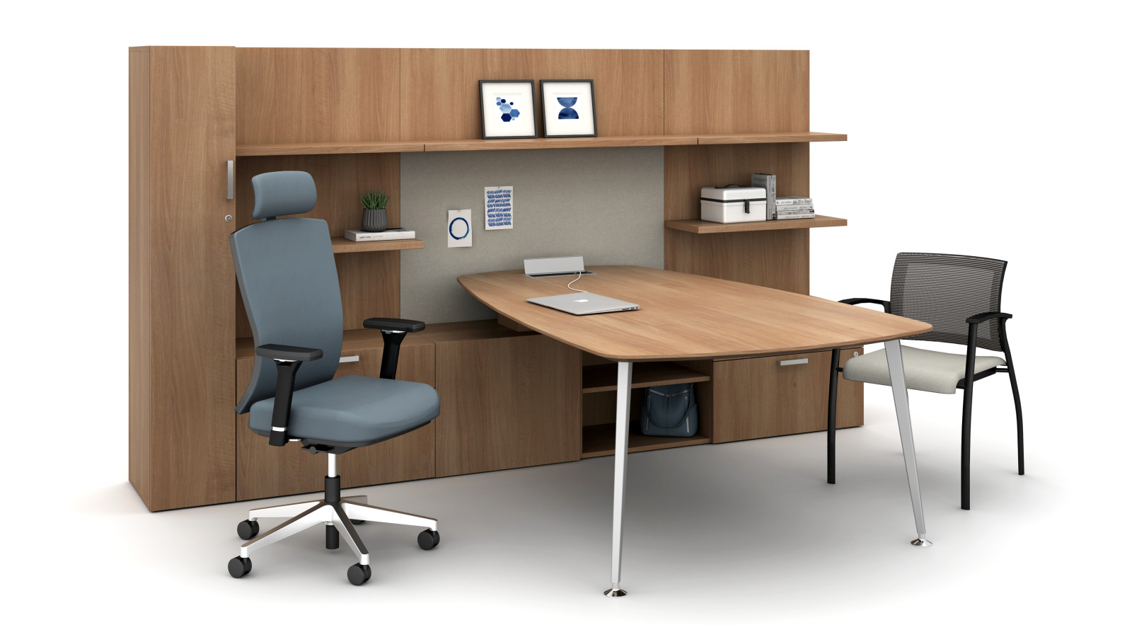 Preview of Calibrate Casegoods Private Office with L Shelf, Natick Executive Seating with Headrest and  Grafton Seating