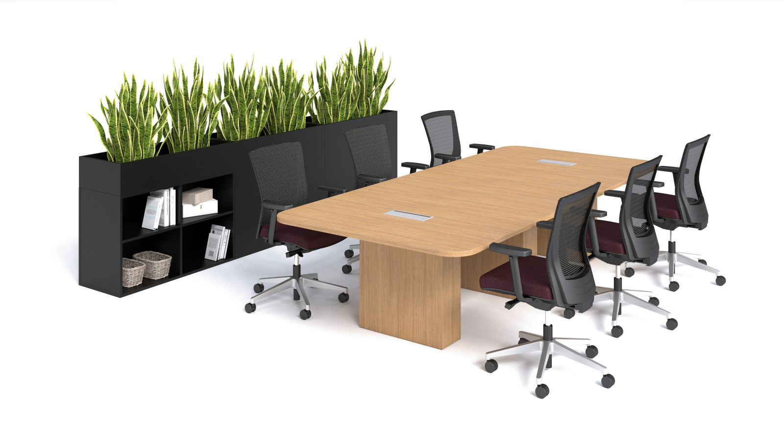 Preview of Calibrate Conference Table with Radius Corners, shown with Dry Planters and Upton Seating