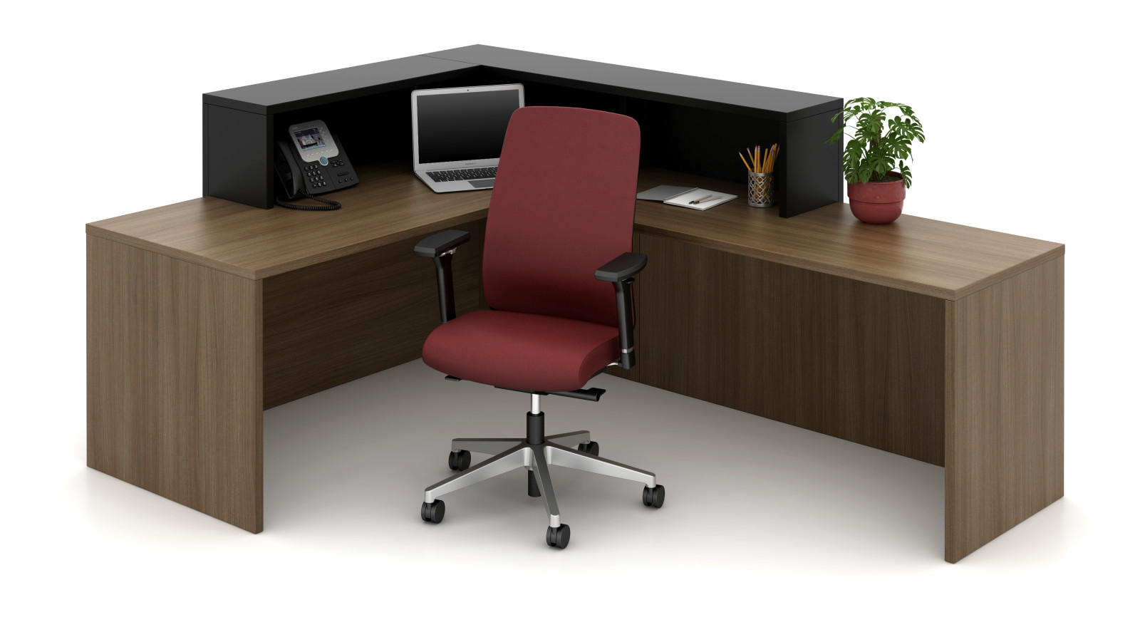 Preview of Large Calibrate Reception Desk with Corner Stack. Shown with Bolton Highback Task Chair