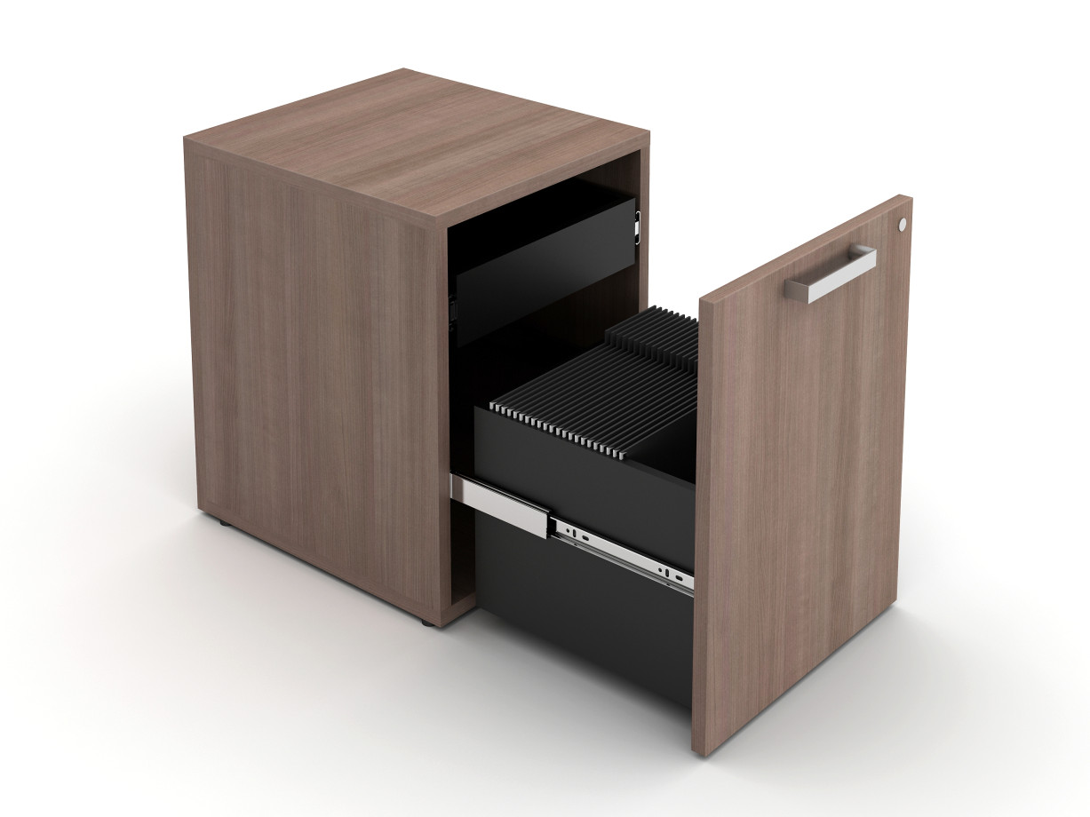 Preview of Calibrate Hidden Drawer Pedestal, shown with rectangle pull in Aimtoo Savatre